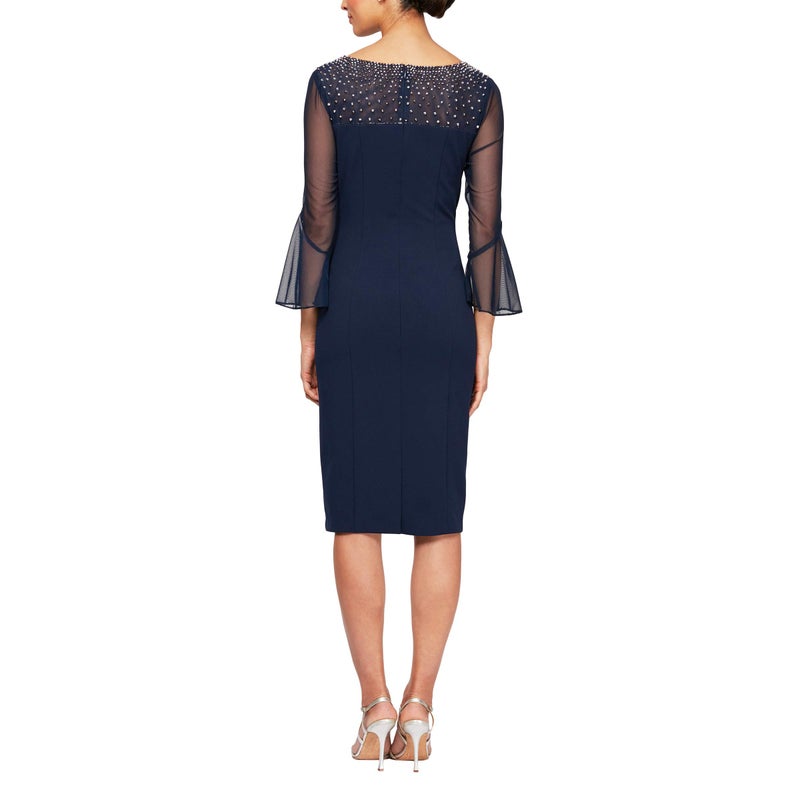 Alex Evenings Women's Short Shift Cocktail Dress with Embellished Illusion Detail, Wedding Guest (Petite and Regular Sizes), Navy/Silver, 18 - Image 2